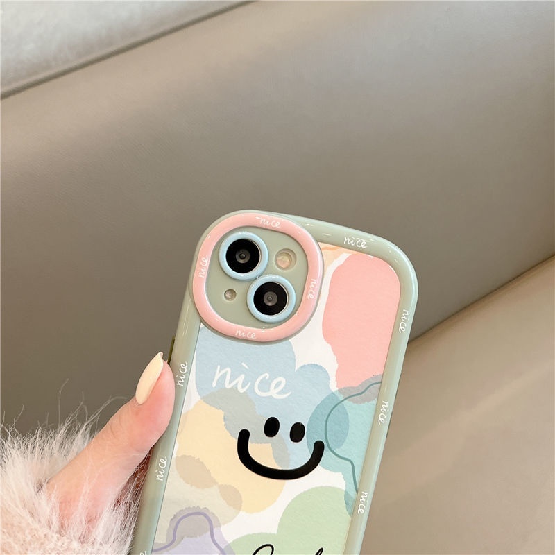IPHONE Puff Green Border Bagus Goodluck Desain Wajah Tersenyum Casing Ponsel Kompatibel Dengan Iphone12 13 14 11 Pro Max Hrtfg