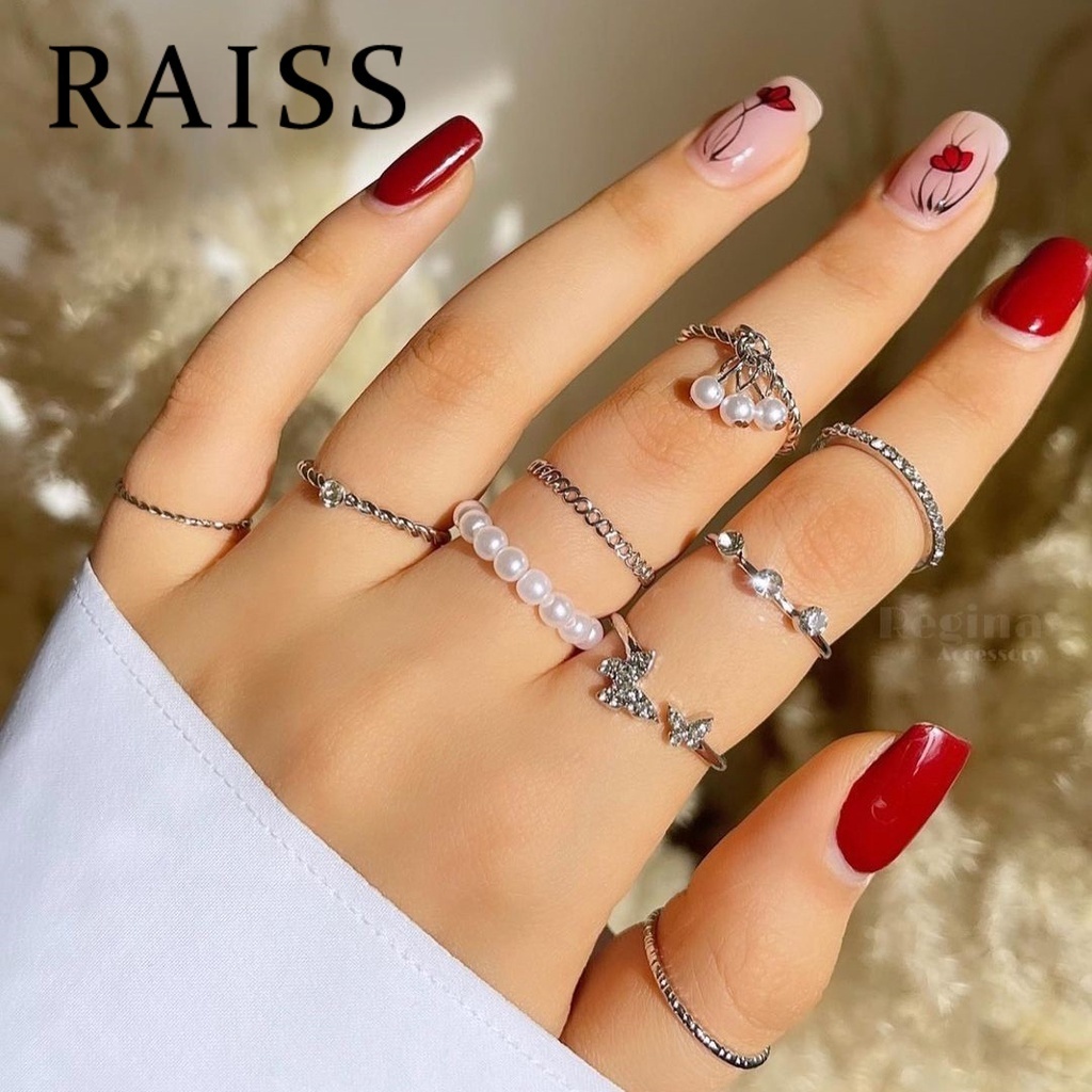 9pcs / Set Cincin Kristal Mutiara Hollow Tipis Untuk Wanita Butterfly Diamond Ring Set