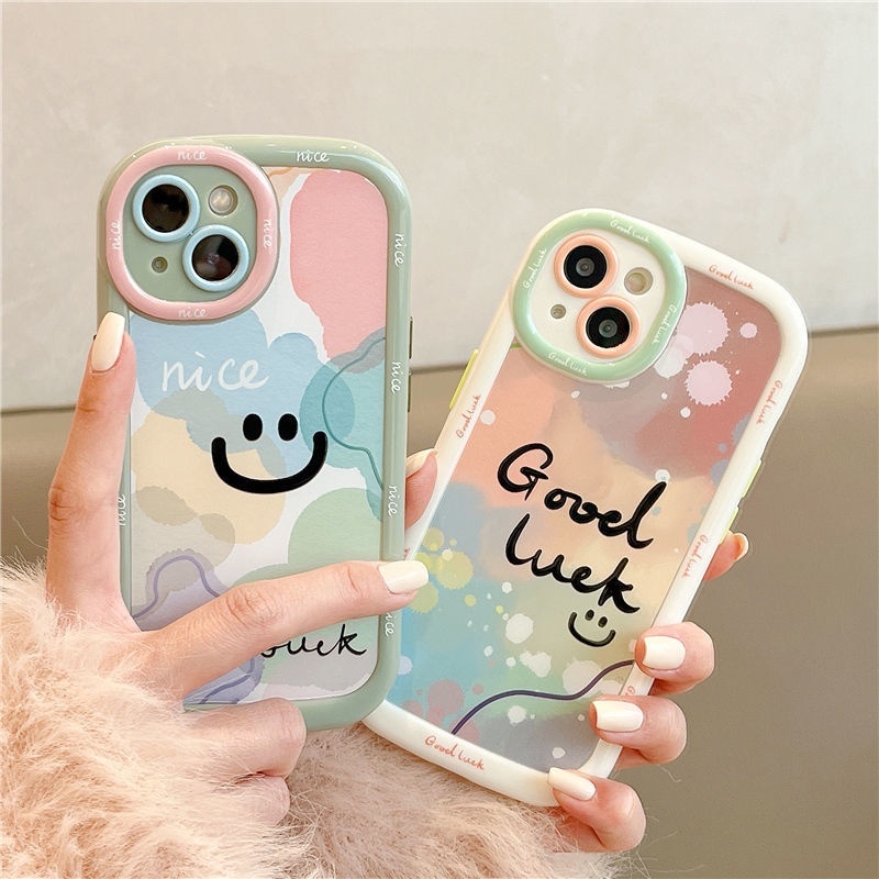 IPHONE Puff Green Border Bagus Goodluck Desain Wajah Tersenyum Casing Ponsel Kompatibel Dengan Iphone12 13 14 11 Pro Max Hrtfg