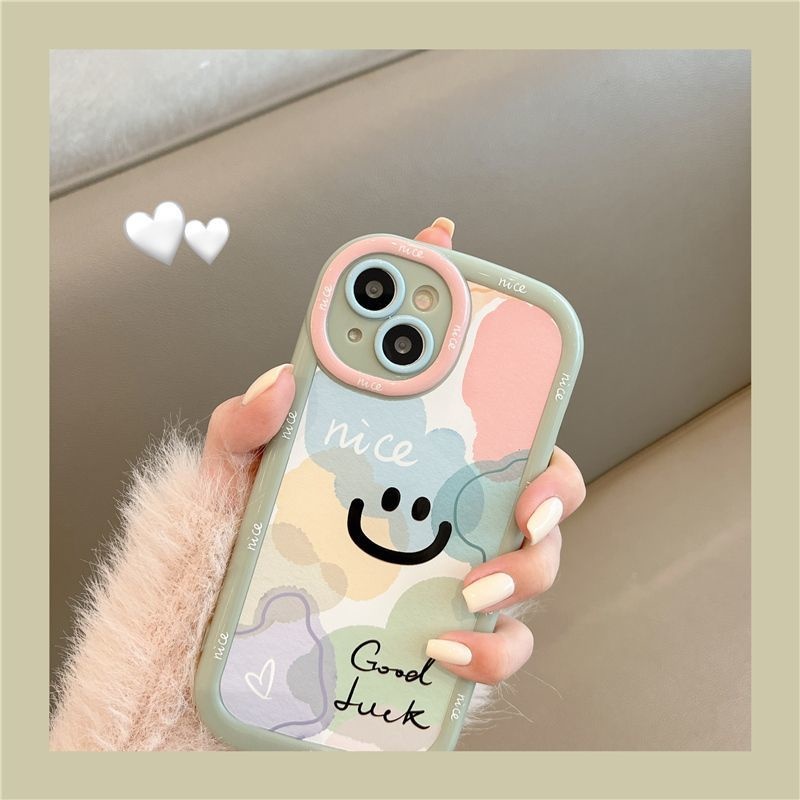 IPHONE Puff Green Border Bagus Goodluck Desain Wajah Tersenyum Casing Ponsel Kompatibel Dengan Iphone12 13 14 11 Pro Max Hrtfg