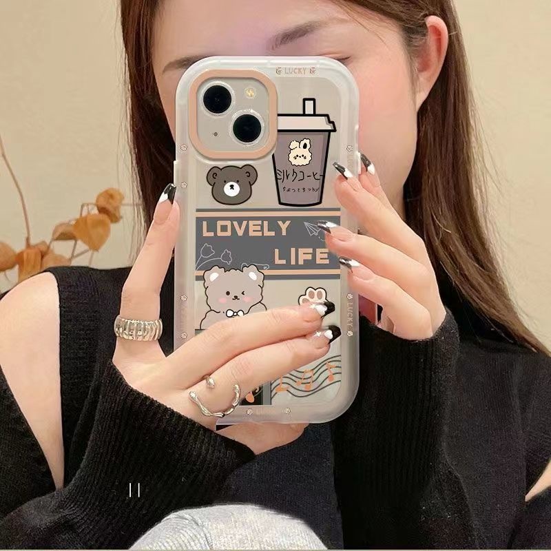 IPHONE Casing Ponsel Desain Beruang Teh Susu Transparan Hitam Dan Putih Kompatibel Dengan Iphone12 13 14 11 Pro Max X Xs Max Xr zzqwx