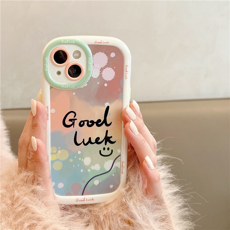 IPHONE Puff Green Border Bagus Goodluck Desain Wajah Tersenyum Casing Ponsel Kompatibel Dengan Iphone12 13 14 11 Pro Max Hrtfg