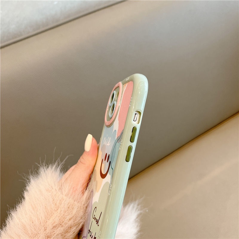 IPHONE Puff Green Border Bagus Goodluck Desain Wajah Tersenyum Casing Ponsel Kompatibel Dengan Iphone12 13 14 11 Pro Max Hrtfg