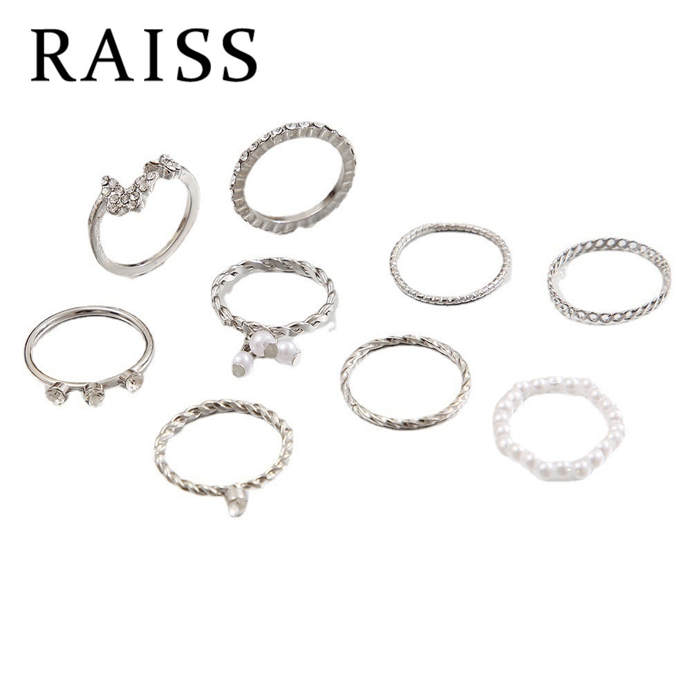 9pcs / Set Cincin Kristal Mutiara Hollow Tipis Untuk Wanita Butterfly Diamond Ring Set