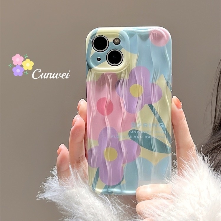 IPHONE Casing Ponsel Desain Bunga Lukisan Minyak Musim Semi Melambai Air Kompatibel Dengan Iphone12 13 14 11 Pro Max Gfslk