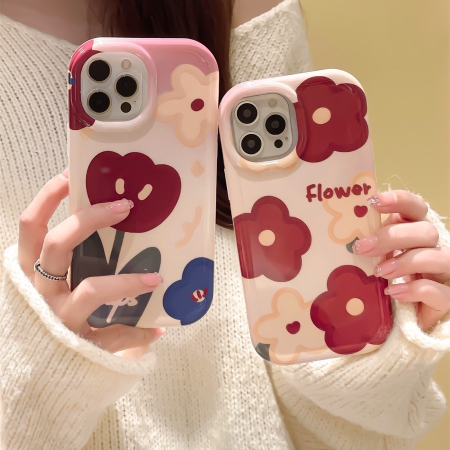 IPHONE Lukisan Cat Minyak Sisi Bingkai Desain Tiga Bunga Merah Casing Ponsel Kompatibel Dengan Iphone12 13 14 11 Pro Max X Xs Max Xr Frfrd