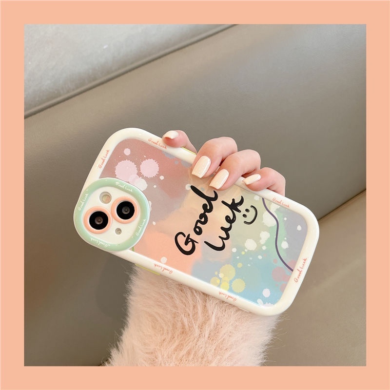 IPHONE Puff Green Border Bagus Goodluck Desain Wajah Tersenyum Casing Ponsel Kompatibel Dengan Iphone12 13 14 11 Pro Max Hrtfg
