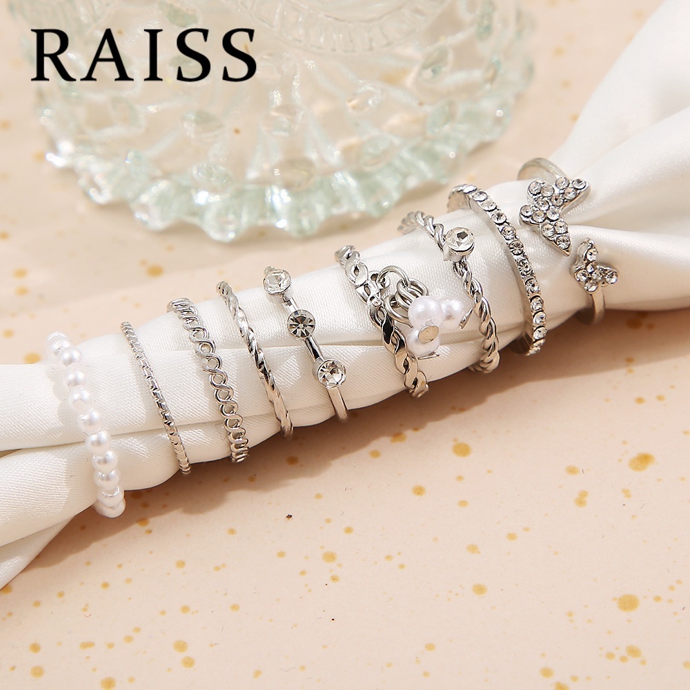 9pcs / Set Cincin Kristal Mutiara Hollow Tipis Untuk Wanita Butterfly Diamond Ring Set