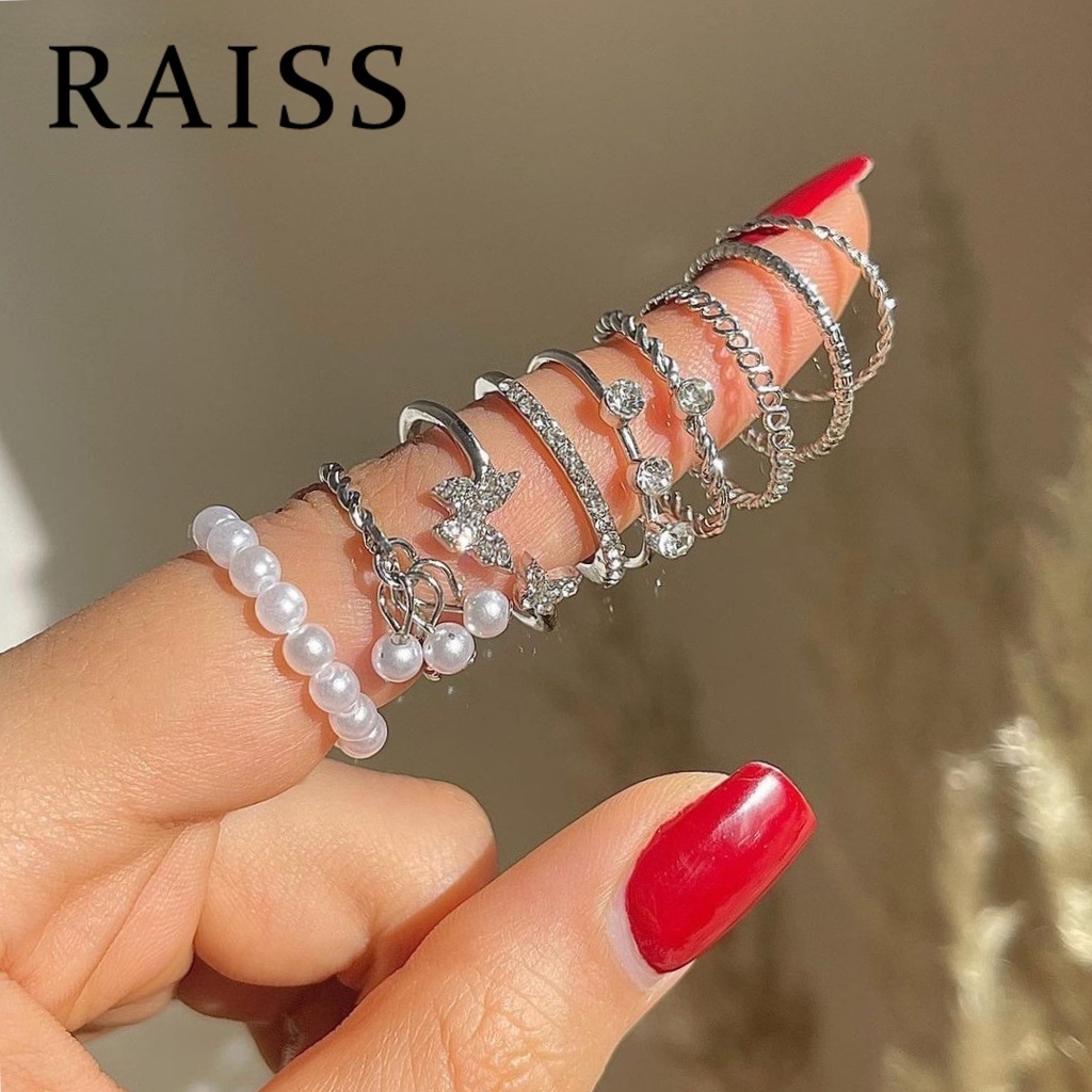 9pcs / Set Cincin Kristal Mutiara Hollow Tipis Untuk Wanita Butterfly Diamond Ring Set