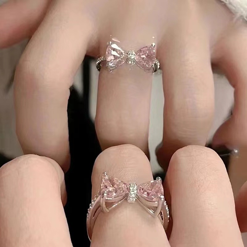 Aksesoris Cincin Busur Berlian Pink Kepribadian Fashion