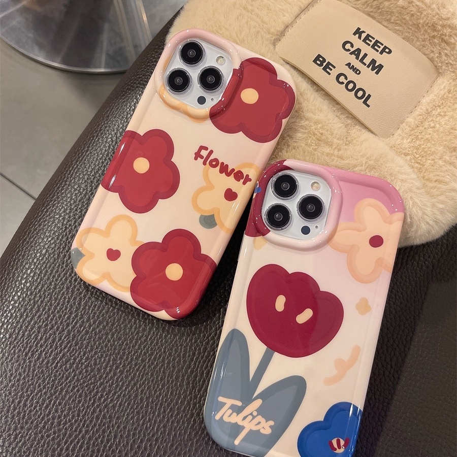 IPHONE Lukisan Cat Minyak Sisi Bingkai Desain Tiga Bunga Merah Casing Ponsel Kompatibel Dengan Iphone12 13 14 11 Pro Max X Xs Max Xr Frfrd