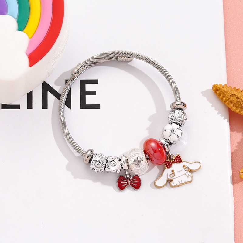 XiaoboACC Anime Kartun Kayu Manis Liontin DIY Non Tarnish Stainless Steel Open Adjustable Beads Bracelet
