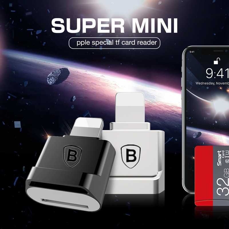 Baseus Mini Micro SD TF Card Reader Pembaca Kartu Memori OTG 8pin Untuk Adaptor Telepon