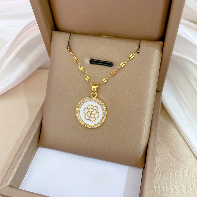 Xiaoboacc Titanium Steel Camellia Rantai Kalung Untuk Wanita Mewah Micro Inlay Berlian Klavikula Necklace