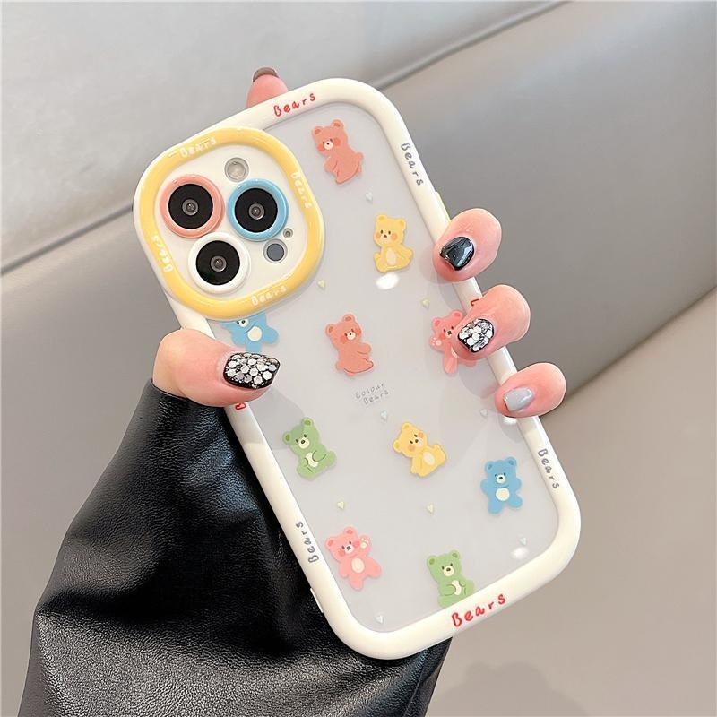 IPHONE Bubble Cream Dengan Pinggiran Putih Full Layar Warna Desain Beruang Casing Ponsel Kompatibel Dengan Iphone12 13 14 11 Pro Max Yytrt