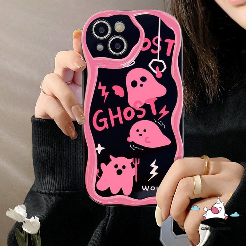 Casing Tpu Soft Phone Tepi Melengkung Bergelombang Kompatibel Untuk IPhone XR X7 8 6s 6 Plus 13 11 12 14 Pro Max XS Max SE 2020 3D Lucu Soul Ghost Glossy Pink Shockproof Cover
