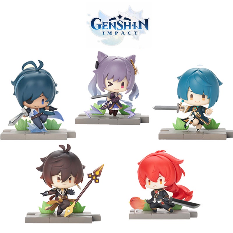 Genshin Impact Kaeya Diluc Xingqiu Keqing 7pcs/Set Qiqi Miniatur Kue Topper Zhongli Blind Box Game Karakter Boneka