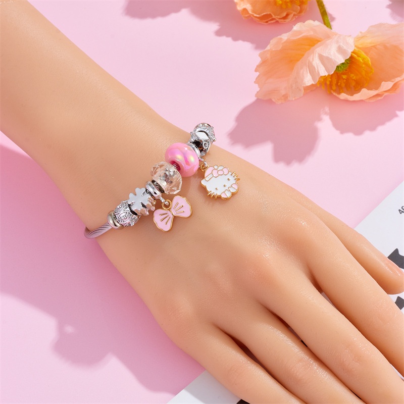 Xiaoboacc Gelang Perak Anti Karat Untuk Wanita Fashion Kartun KT Cat Beads Bangles Adjustable