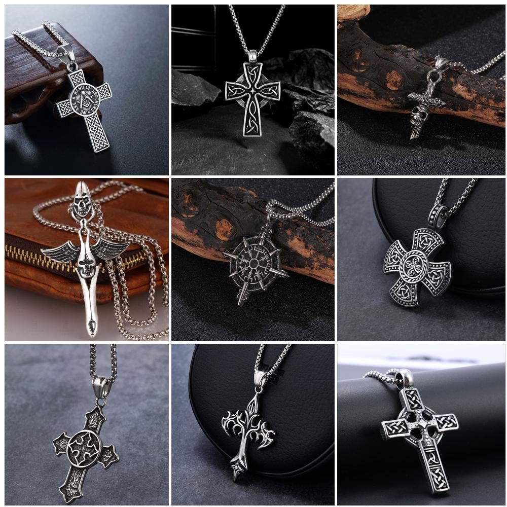 [X C Kalung] Fashion Baru Hip Hop Punk Vintage Viking Seri Salib Baja Titanium Liontin Kalung Pria Liontin Kalung Aksesoris Perhiasan Hadiah