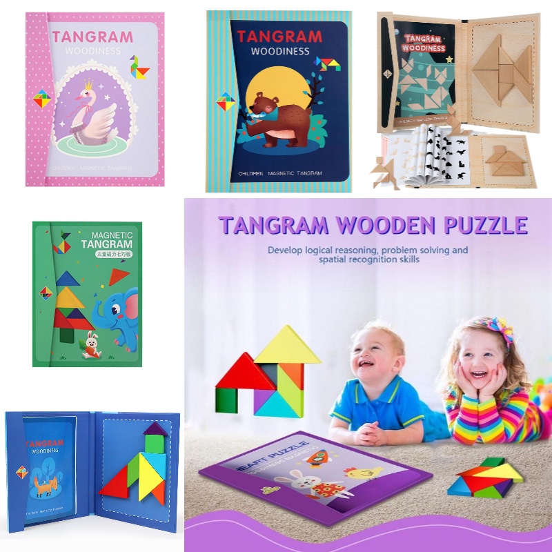 Mainan Tangram Magnet Edukasi Anak Bahan 22*18*1,8cm Warna Hijau/Biru /pink/Kayu