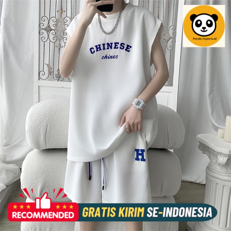 Pakaian Olahraga Pria Premium Waffle Tank Top Set Men's Summer Senior Loose Large Men's Casual Sleev