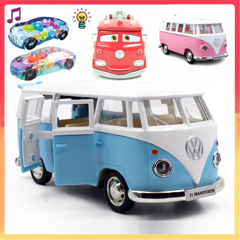 Disney Cars Truk Pemadam Kebakaran Merah Volkswagen T1 Model Bus Tarik Belakang Listrik Transparan Lampu Led Model Anak Cowok Cewek Hadiah Ulang Tahun