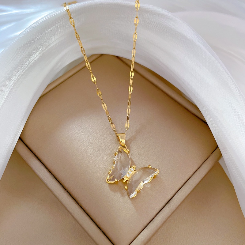 Xiaoboacc Titanium Steel Zirkon Kupu-Kupu Kalung Wanita Pesta Serbaguna Emas Klavikula Rantai Kalung Perhiasan