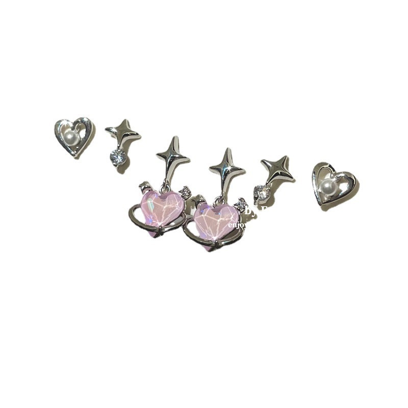 Anting Enam Potong Cinta Pink Aksesoris Temperamen Versi Korea