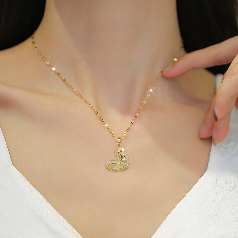 Xiaoboacc Kalung Cinta Berlian Baja Titanium Untuk Wanita Fashion Pesta Pernikahan Emas Choker Perhiasan