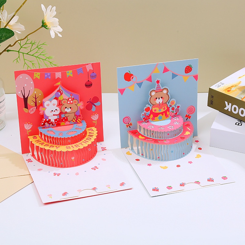 3d Happy Birthday Card Pop Up Greeting Kartu Lucu Kue Ulang Tahun Postcards Hadiah Liburan Dengan Amplop