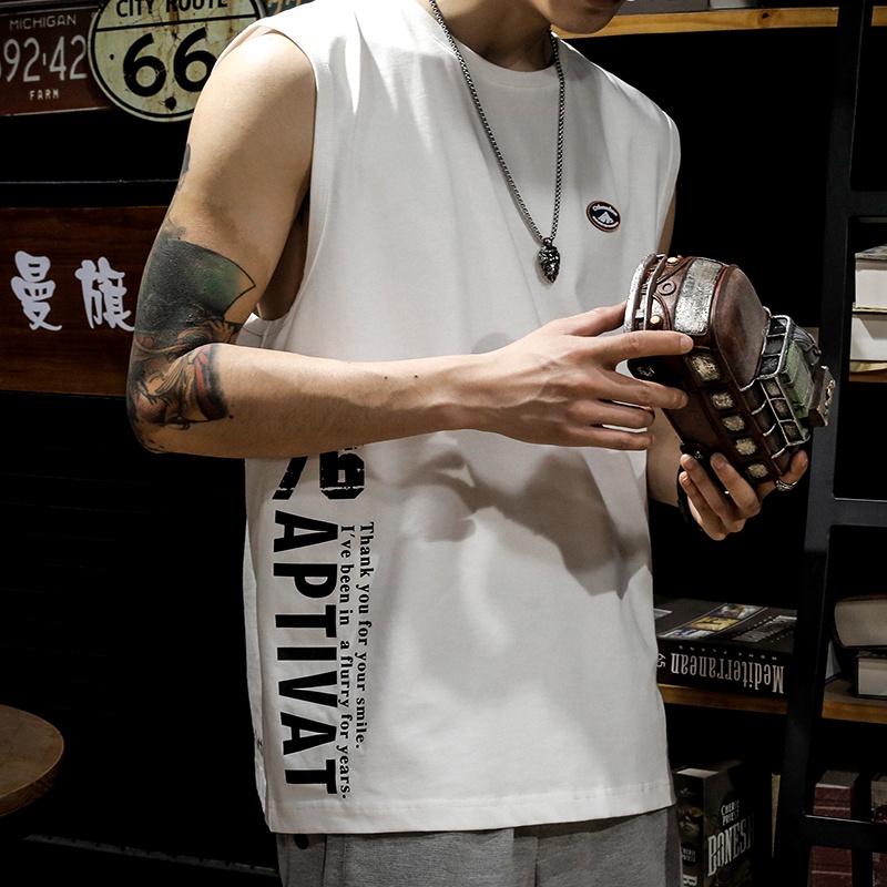 KAOS PRIA Summer Cotton Sleeveless T-shirt Tank Top Men's Loose Fashion Brand Large Sweetheart Short