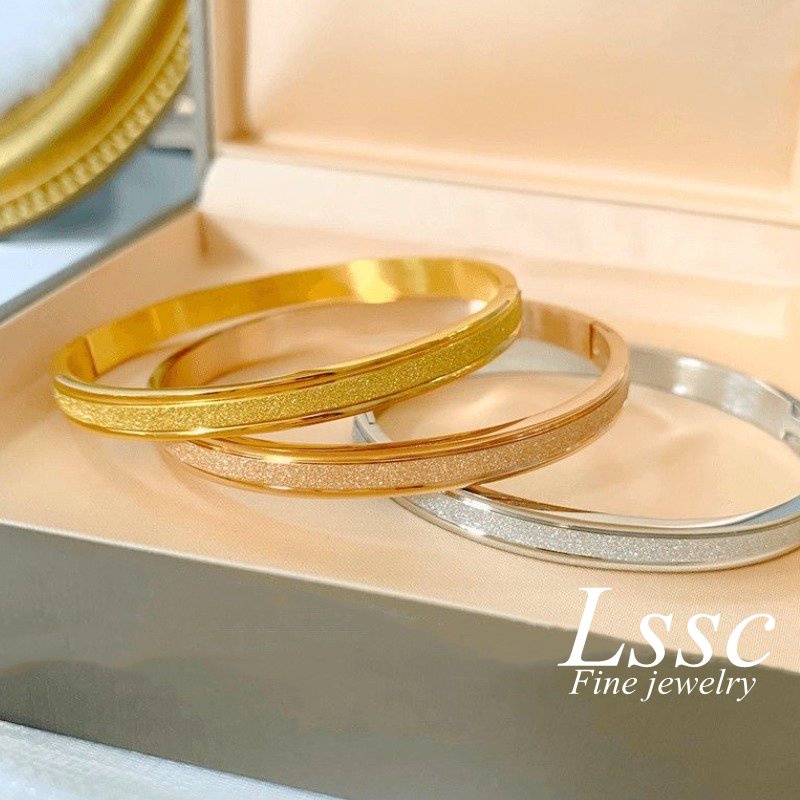 Gelang Titanium Asli Emas 18K Anti Karat Matte Cantik Elegan Fashion Korea Bangle Aksesoris Wanita Perhiasan