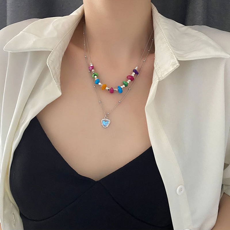 Seven Colored Stone Love Pendant Double Necklace Aksesoris Cahaya Mewah Fashion Temperamen Rantai Klavikula