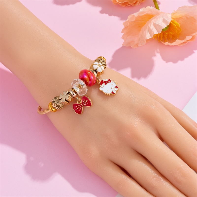 Xiaoboacc Gelang Emas Anti Karat Wanita Perempuan Kartun Yang Indah KT Kucing Open Beads Bangles