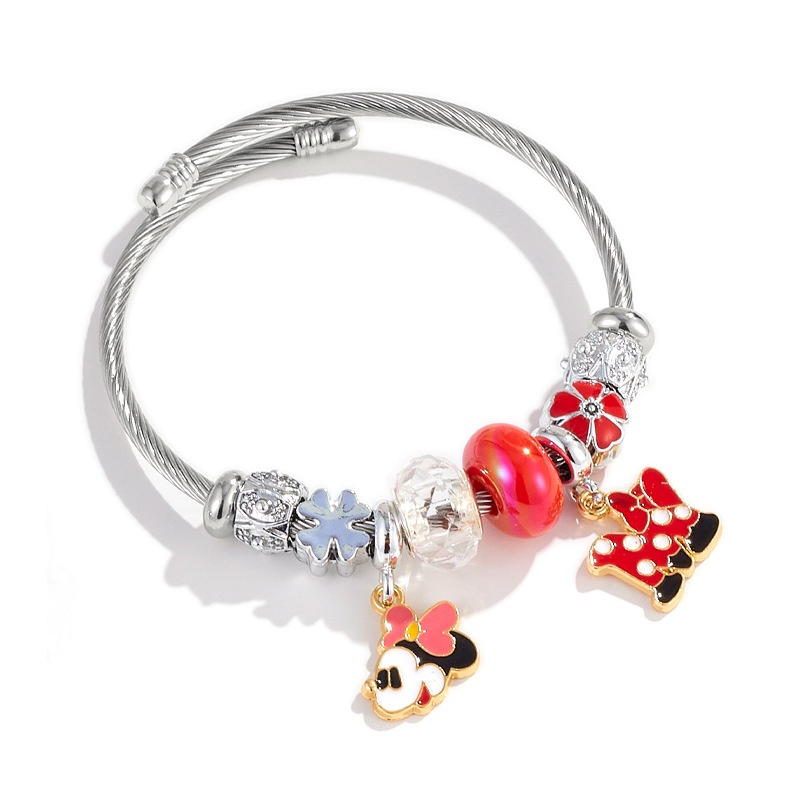 Xiaoboacc Gelang Perak Anti Karat Untuk Wanita Perempuan Indah Kartun Mickey Minnie Beads Bangles