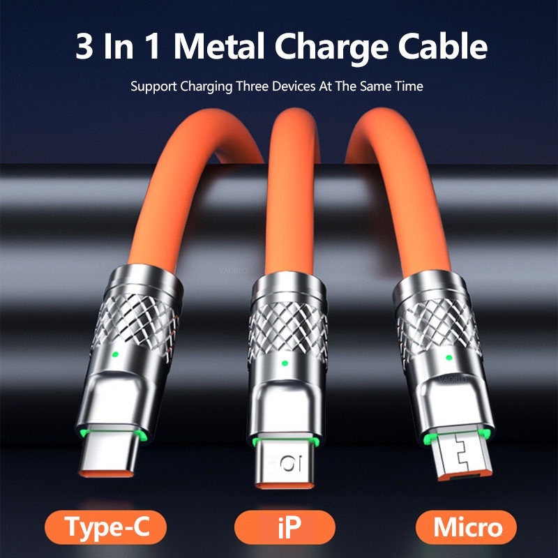 3in1 120W Kabel Pengisian Cepat USB Tipe C Micro Multiple USB Port Phone 6A Zinc Alloy Charging Cables Untuk iP