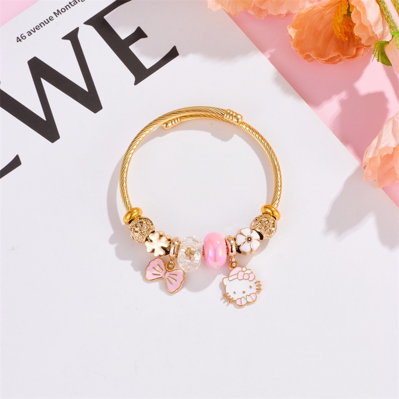 Xiaoboacc Gelang Emas Anti Karat Wanita Perempuan Kartun Yang Indah KT Kucing Open Beads Bangles