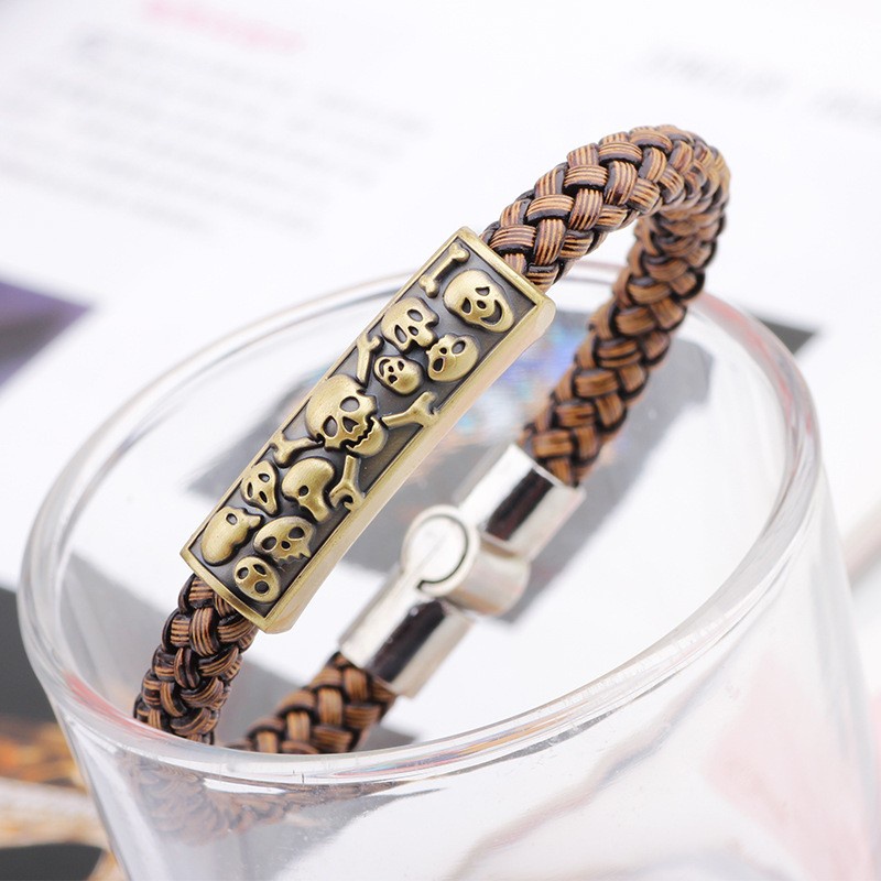 [X C Bracelet] Vintage Fashion Personality Bracelet Mens Skull Braided Bracelet Punk Leather Bracelet Jewellery