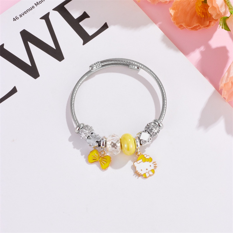 Xiaoboacc Gelang Perak Anti Karat Untuk Wanita Fashion Kartun KT Cat Beads Bangles Adjustable