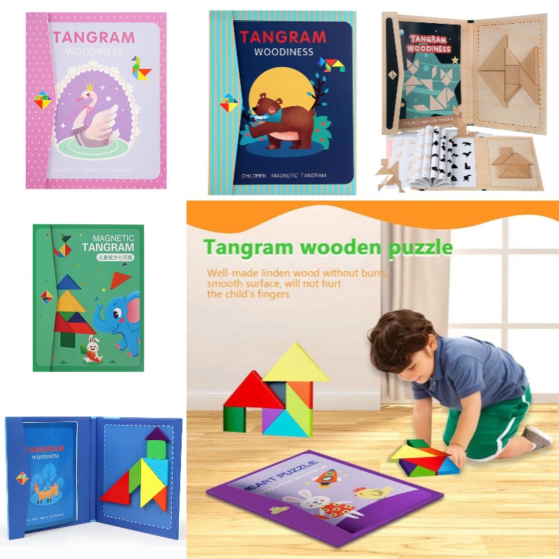 Mainan Tangram Magnet Edukasi Anak Bahan 22*18*1,8cm Warna Hijau/Biru /pink/Kayu