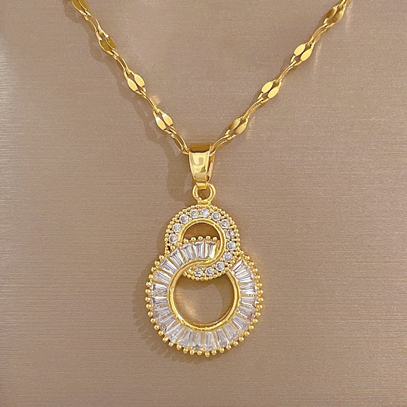 Xiaoboacc Kalung Rantai Kerah Zircon Lapis Emas Titanium Steel Cincin Ganda Untuk Wanita