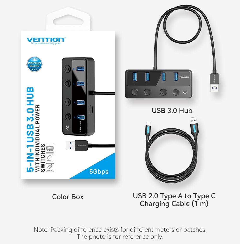 Vention 5in1 HUB USB 3.0 Dengan Saklar Daya Individual 5Gbps USB-C Smart Charging Port Adapter