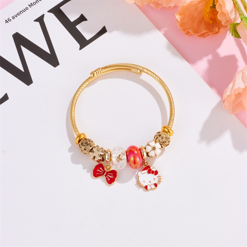 Xiaoboacc Gelang Emas Anti Karat Wanita Perempuan Kartun Yang Indah KT Kucing Open Beads Bangles