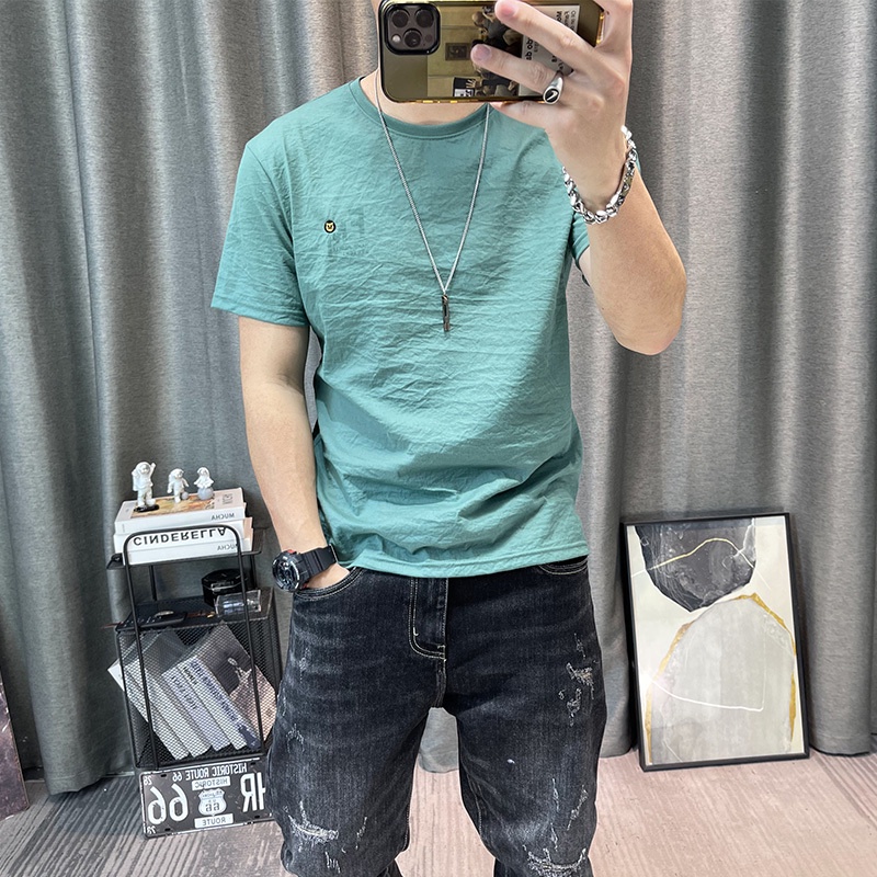KAOS KEREN PRIA Tian Si Cotton Hemp Short Sleeve Men's Summer Hemp Material T-shirt Slim Fit Ultra T