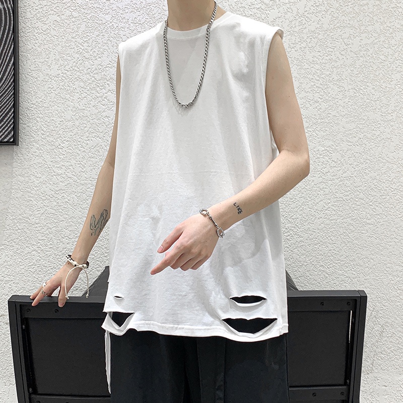 T-shirt Pria Tank Top T-shirt Perforated Men's Summer Fashion Brand High Street Design Sense Underla