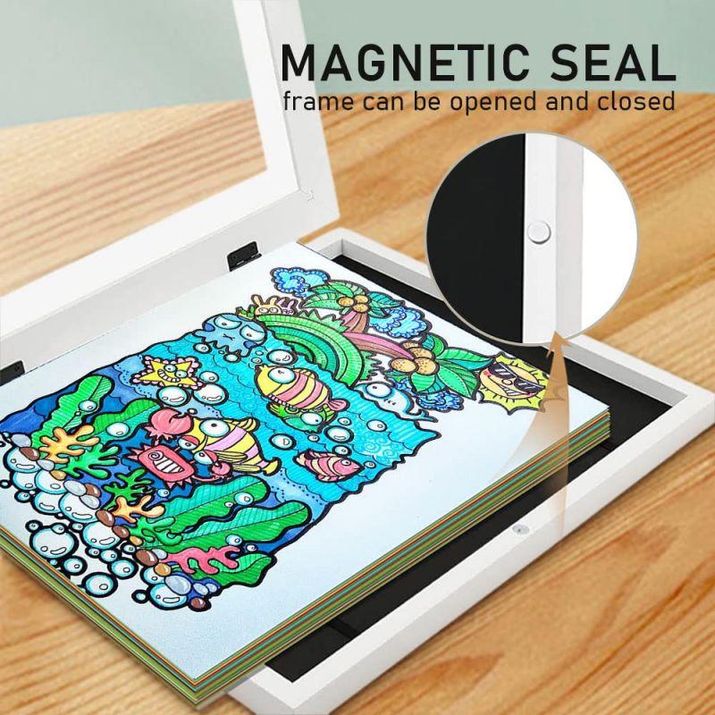 Kids Art Frame Magnetic Front Opening Clamshell Storage Frame Penyimpanan Anak Artwork Frametory Berubah Gambar Display