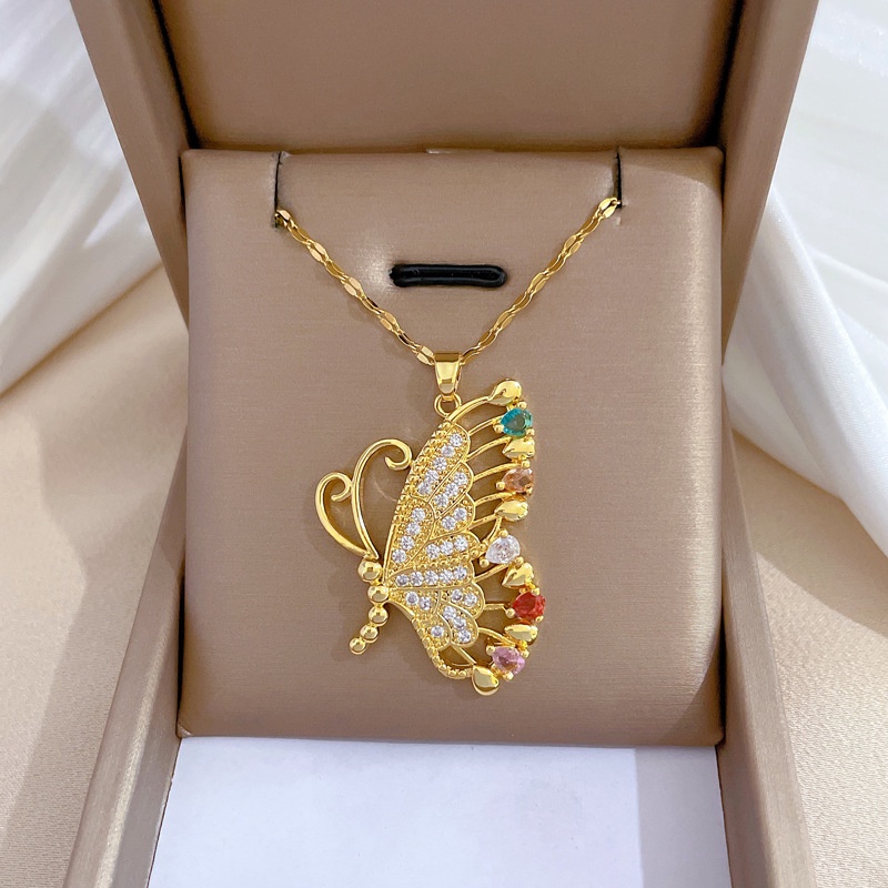 Xiaoboacc Titanium Steel Berlian Penuh Kupu-Kupu Kalung Untuk Wanita Pesta Mewah Zirkon Emas Dan Sivler Chocker Perhiasan
