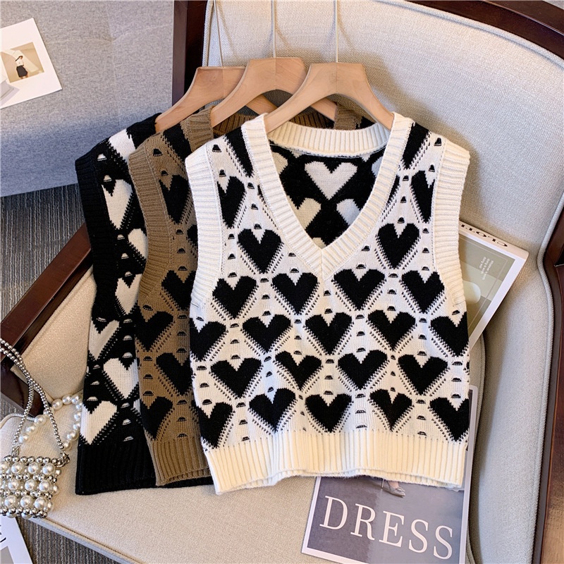 Atasan Wanita Best Seller Sweater Women's Knit 23 New V-Neck Knit Pullover Vest Heart shaped Jacquar