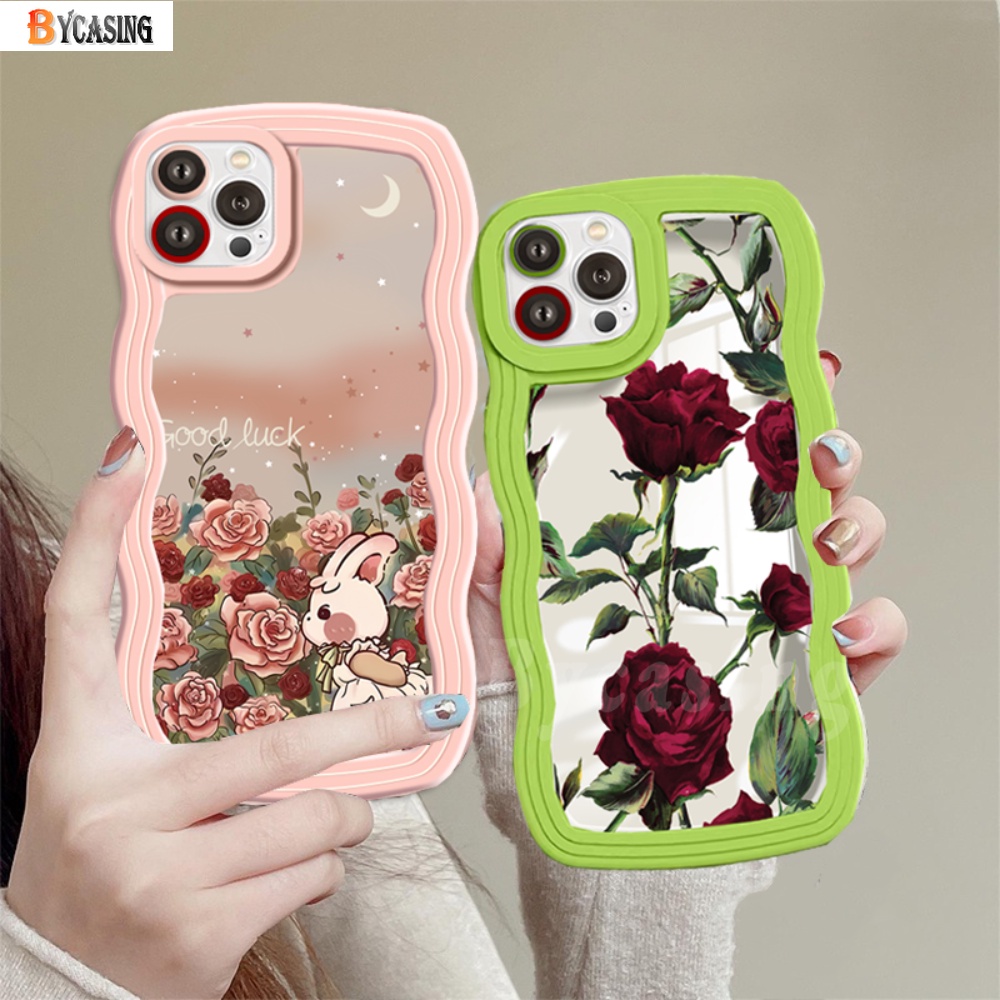 Casing Lucu Kompatibel Untuk iPhone 11 Pro Max 7Plus XR X XS Max 6s 7 8 6 14 Plus 13 11 12 14 Pro Max SE Lukisan Cat Minyak Spiked Rose Bergambar Kelinci Bergelombang Bingkai Soft Cover BY