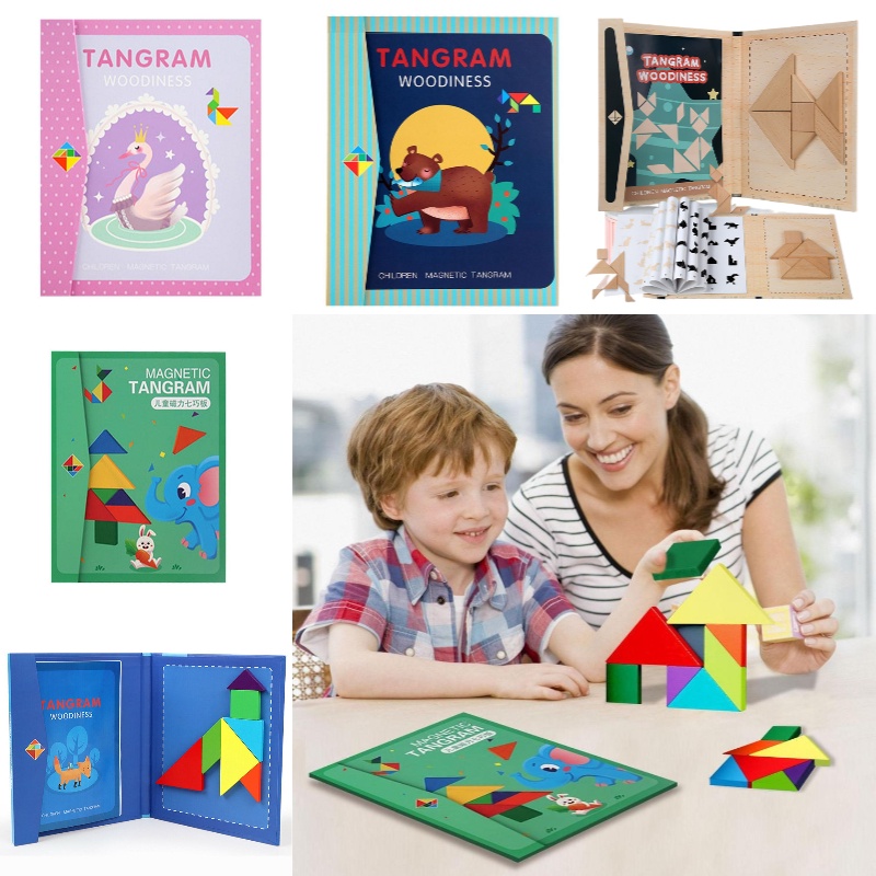 Mainan Tangram Magnet Edukasi Anak Bahan 22*18*1,8cm Warna Hijau/Biru /pink/Kayu